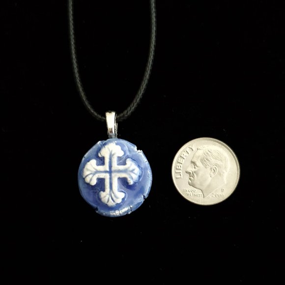 Handmade Ceramic Blue Fleur De Lis Cross Pendant Necklace - Picture 7 of 14